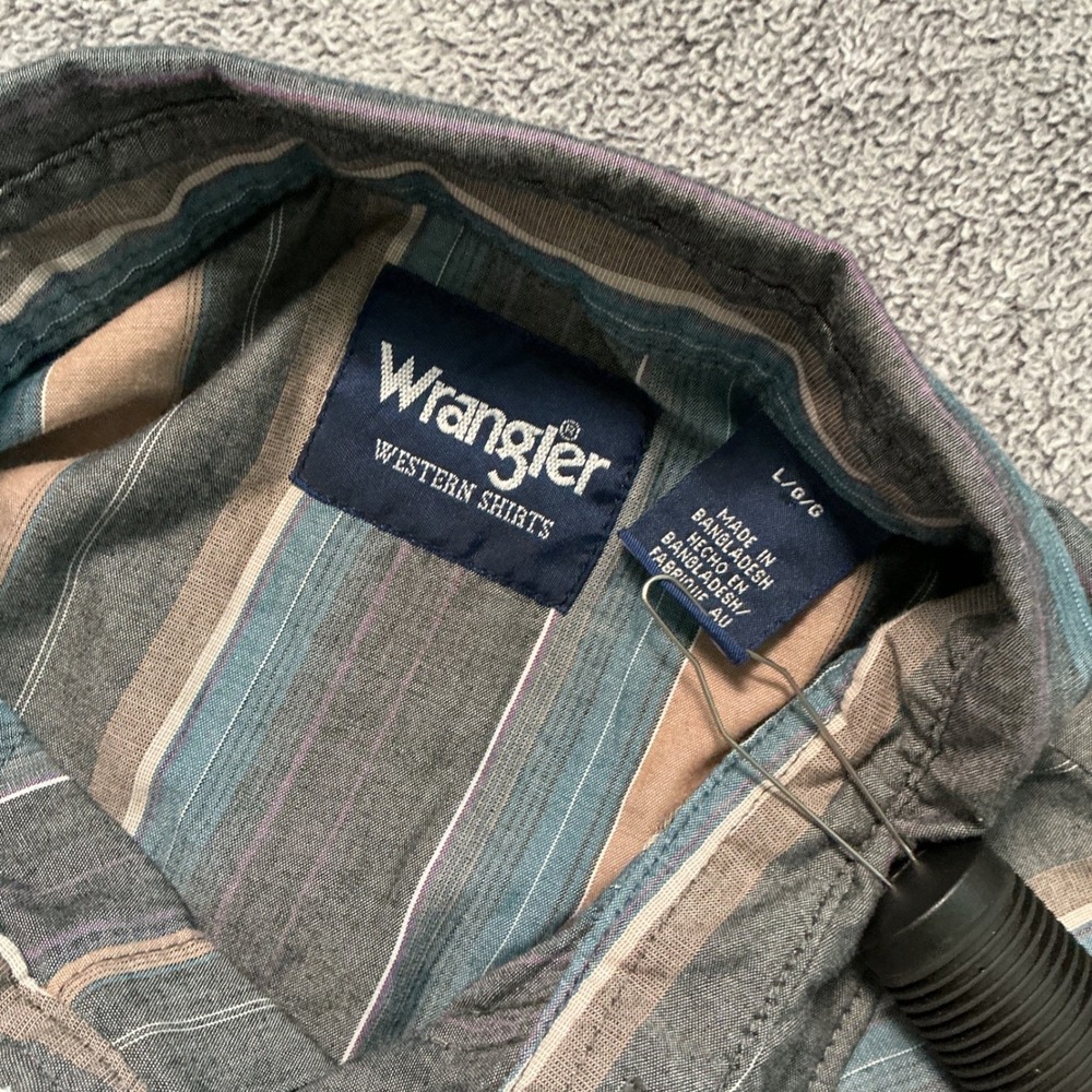 Wrangler Western Shirt Mens Large Blue Brown Striped Pearl Snap Long Sleeve L - Picture 3 of 8